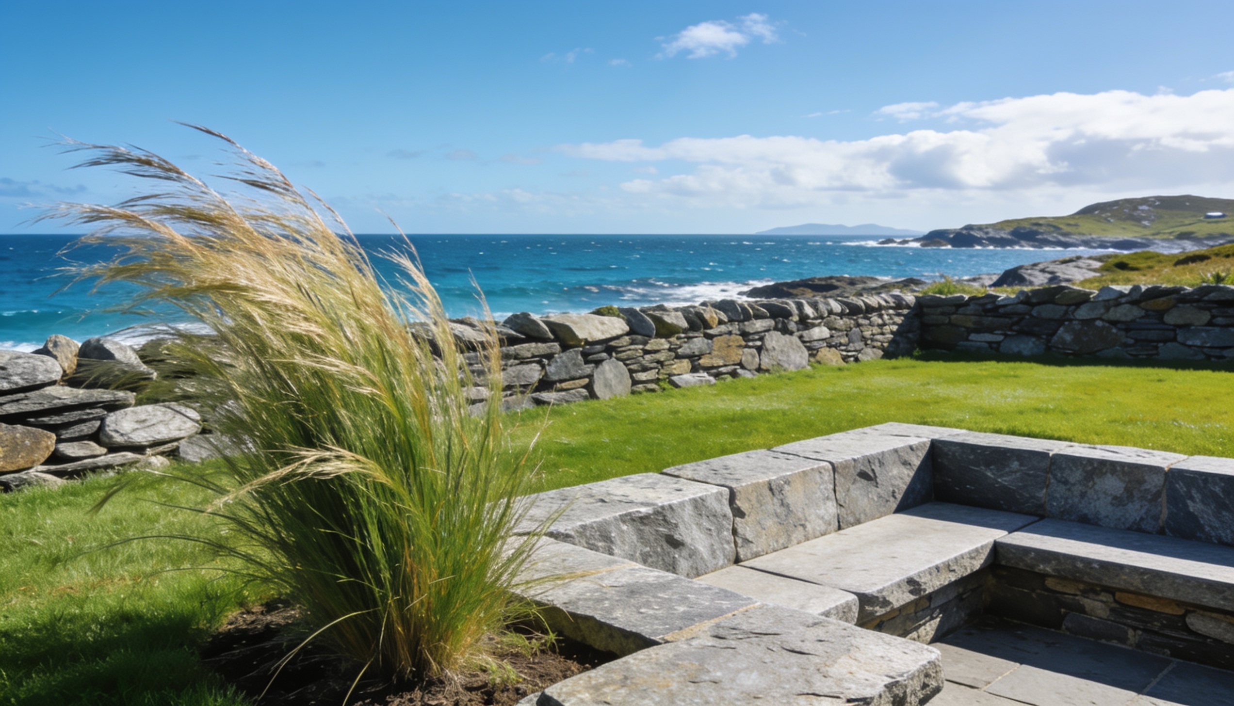 Modern wind-resistant coastal garden overlooking the Atlantic with ornamental grasses and stone features
