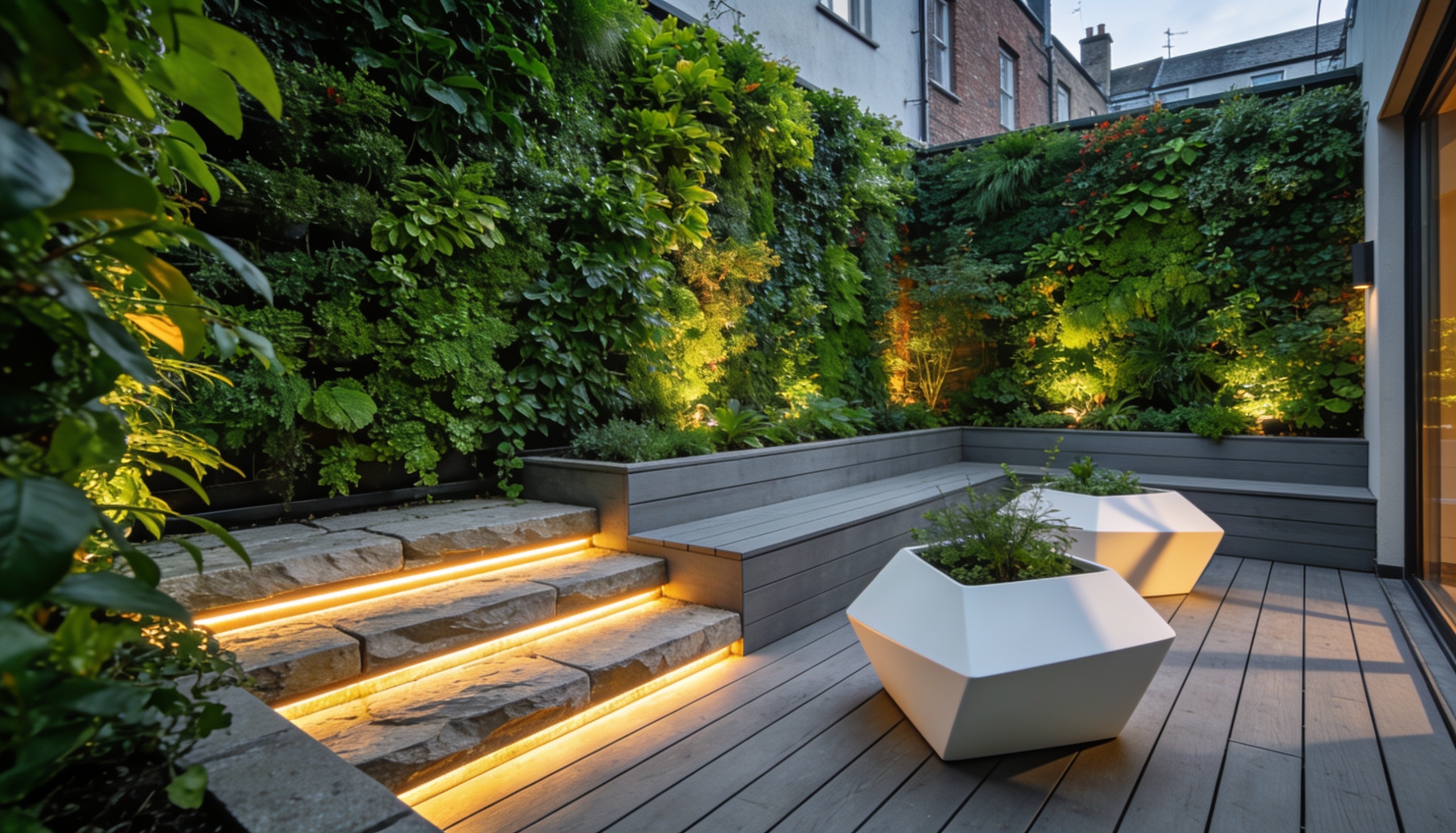 Compact urban courtyard garden with vertical green walls, strip lighting and grey wood decking