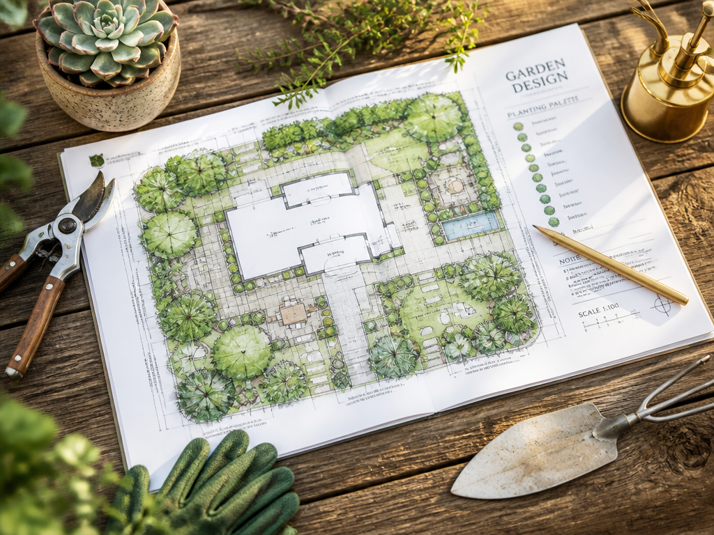 Landscape architectural plan on a rustic wooden outdoor table surrounded by gardening tools