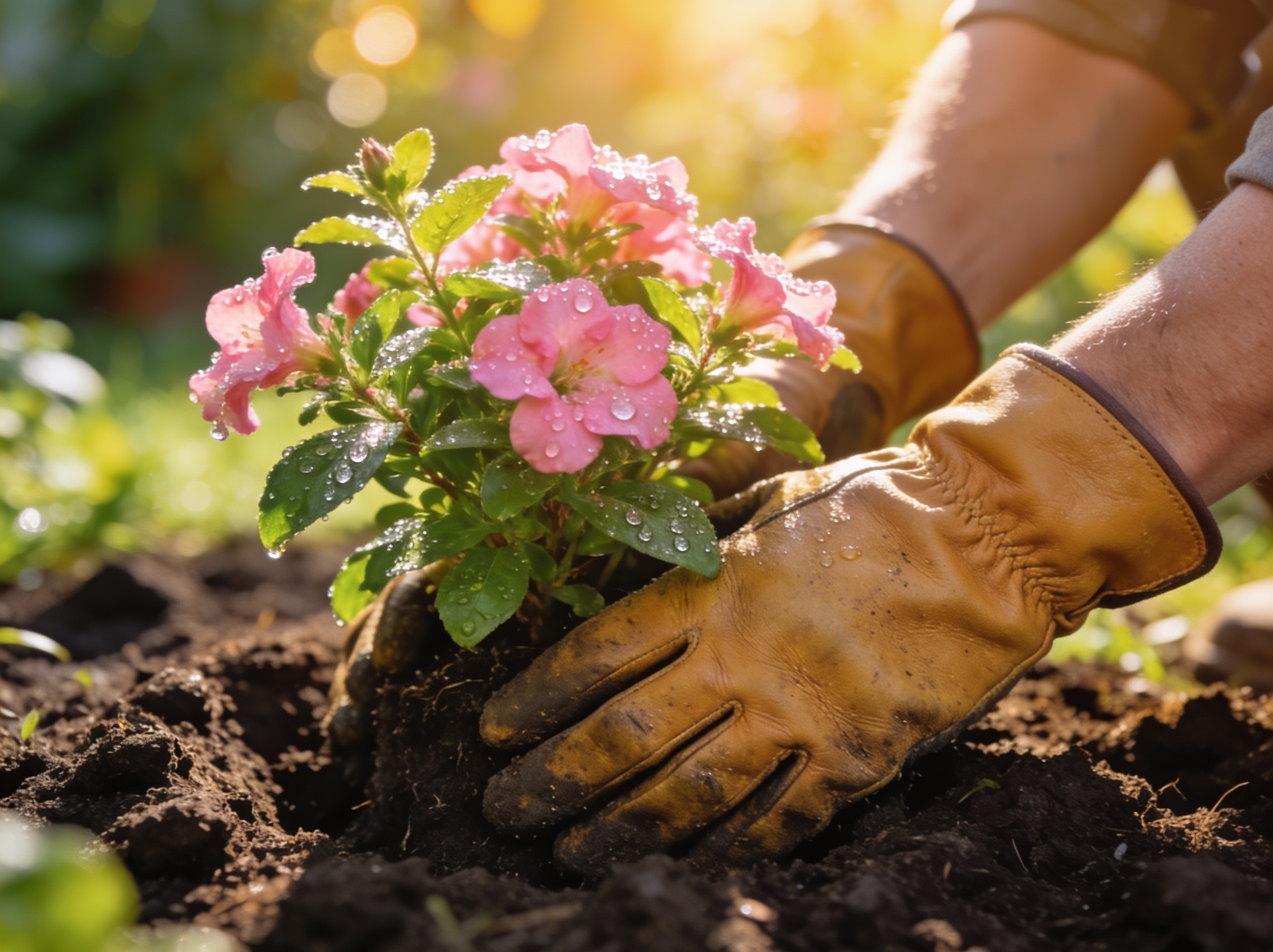 Gardener's gloved hands planting a flowering shrub into rich dark soil