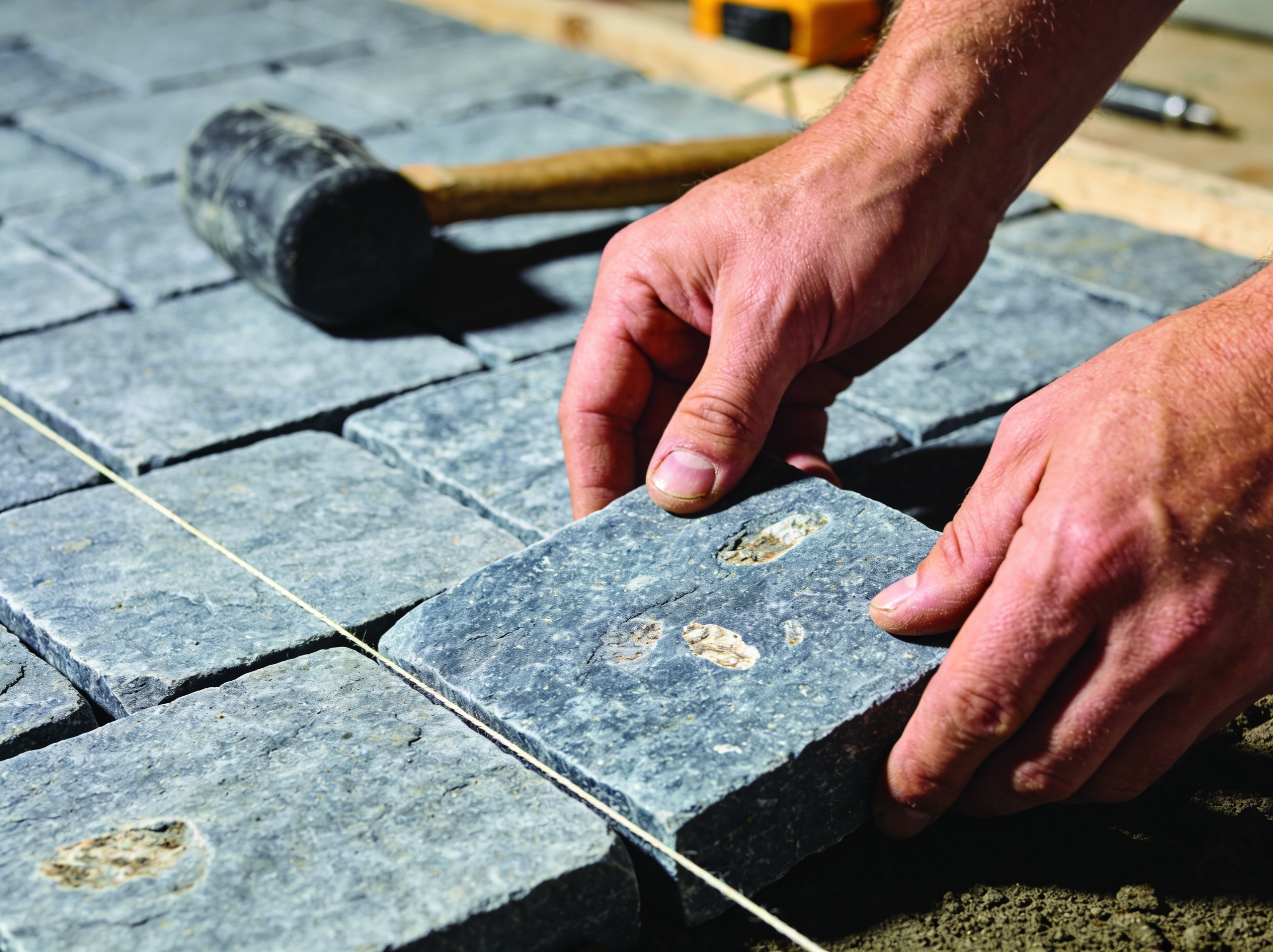 Craftsman's hands laying hand-dressed Galway limestone paving flags