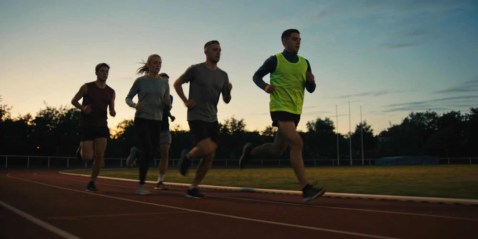Athletes running together on an outdoor track at dusk