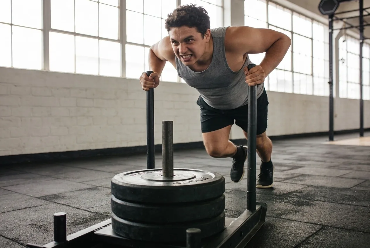Same athlete straining through a heavy sled push with developing form