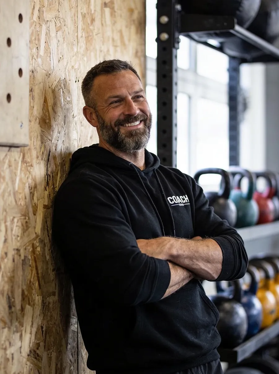 Coach Mick Callanan in front of the kettlebell wall