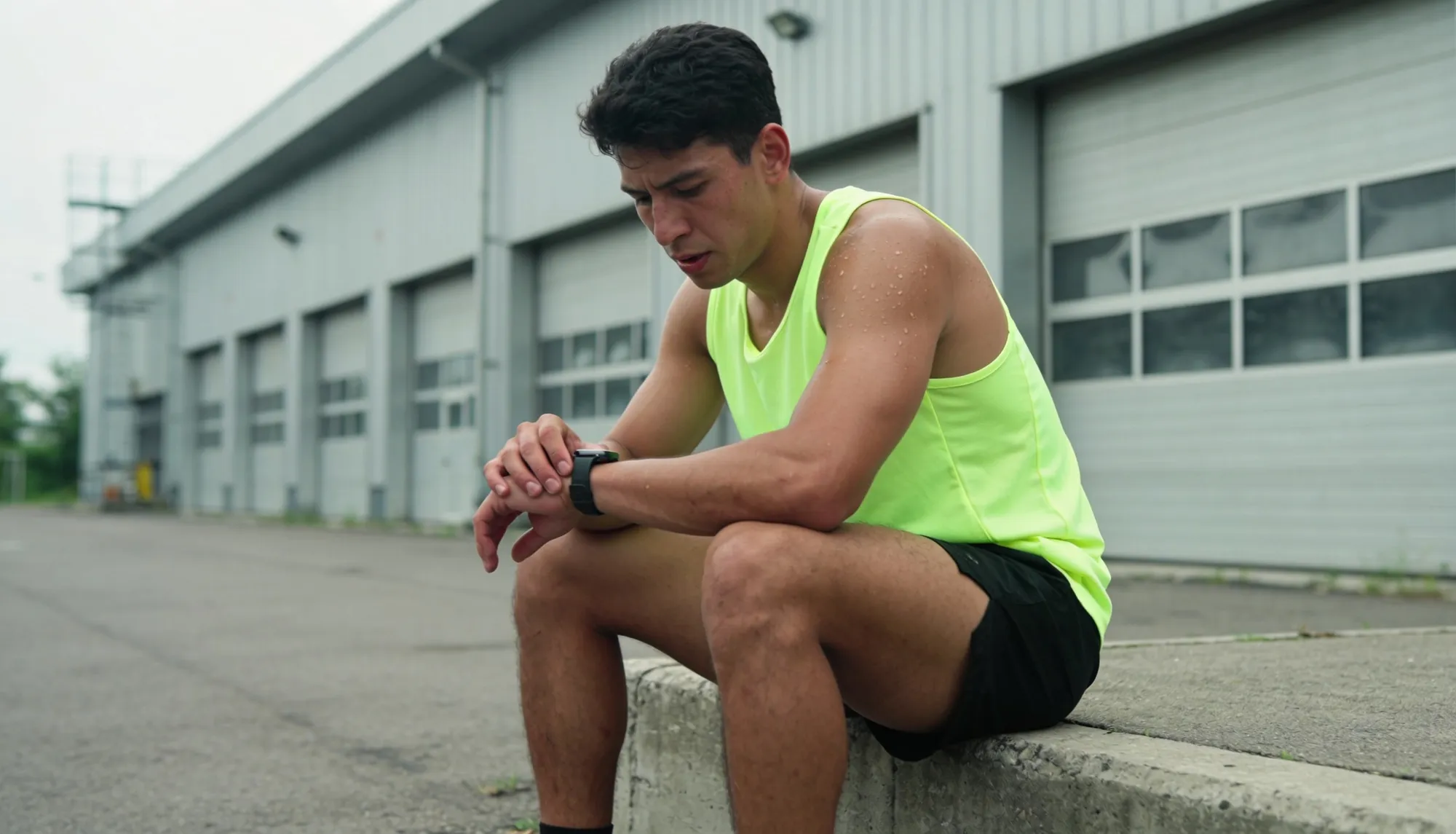Athlete in a neon yellow vest resting on a concrete ledge outside the gym after a morning run