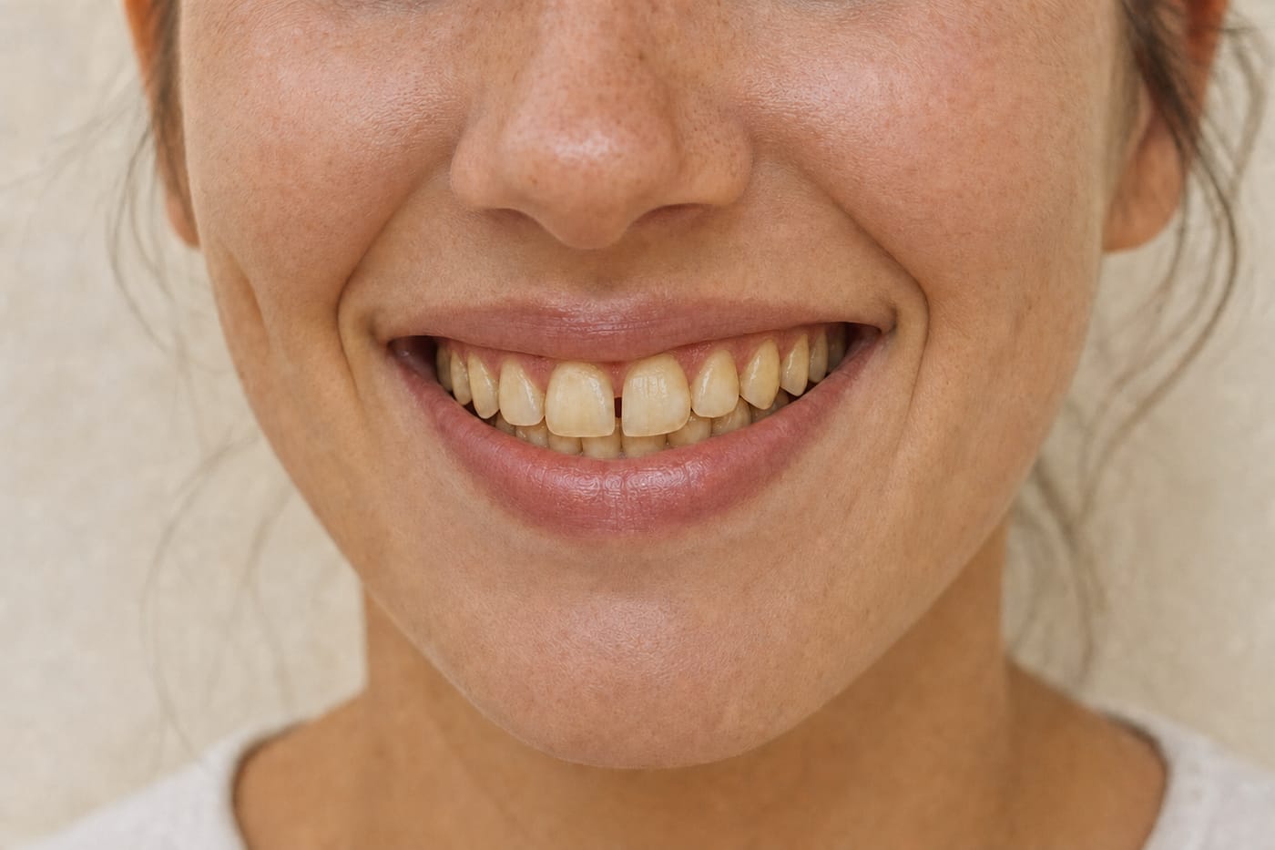 Smile before treatment: stained, slightly crooked teeth